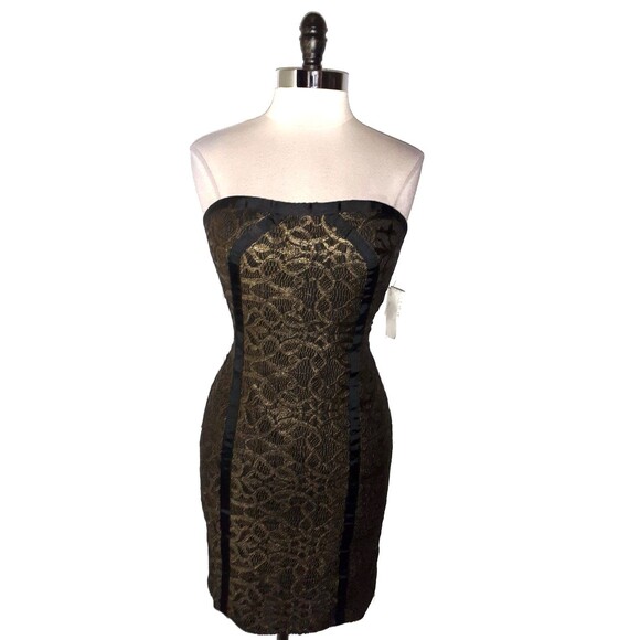 NEW AIDAN MATTOX Size 12 Sheath Dress Black Gold Shimmery Lace Strapless - Picture 1 of 6